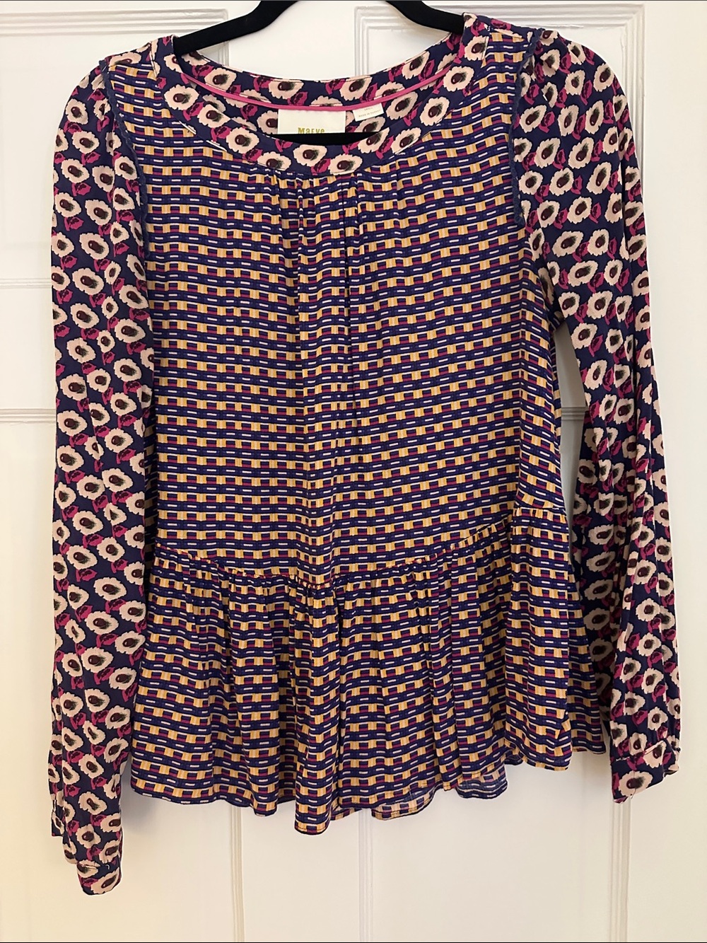 Anthropologie Purple and Pink Mixed-Print Peplum Top